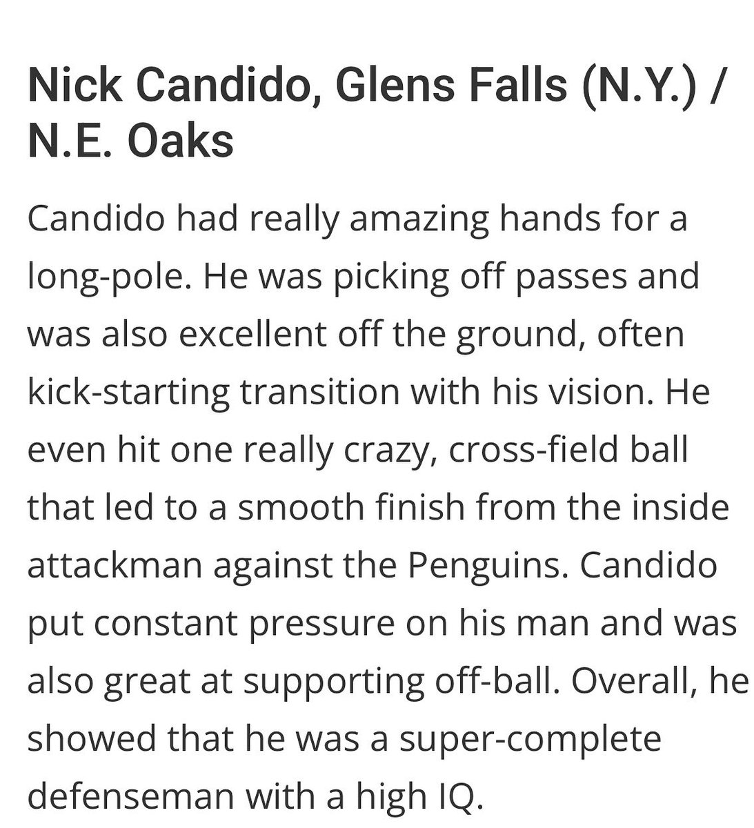 A little pub for Nicholas Candido (Glens Falls, NY) from NE Lacrosse Journal for his exceptional play this Summer!  🍂 ⚪️ Fall Ball is coming…