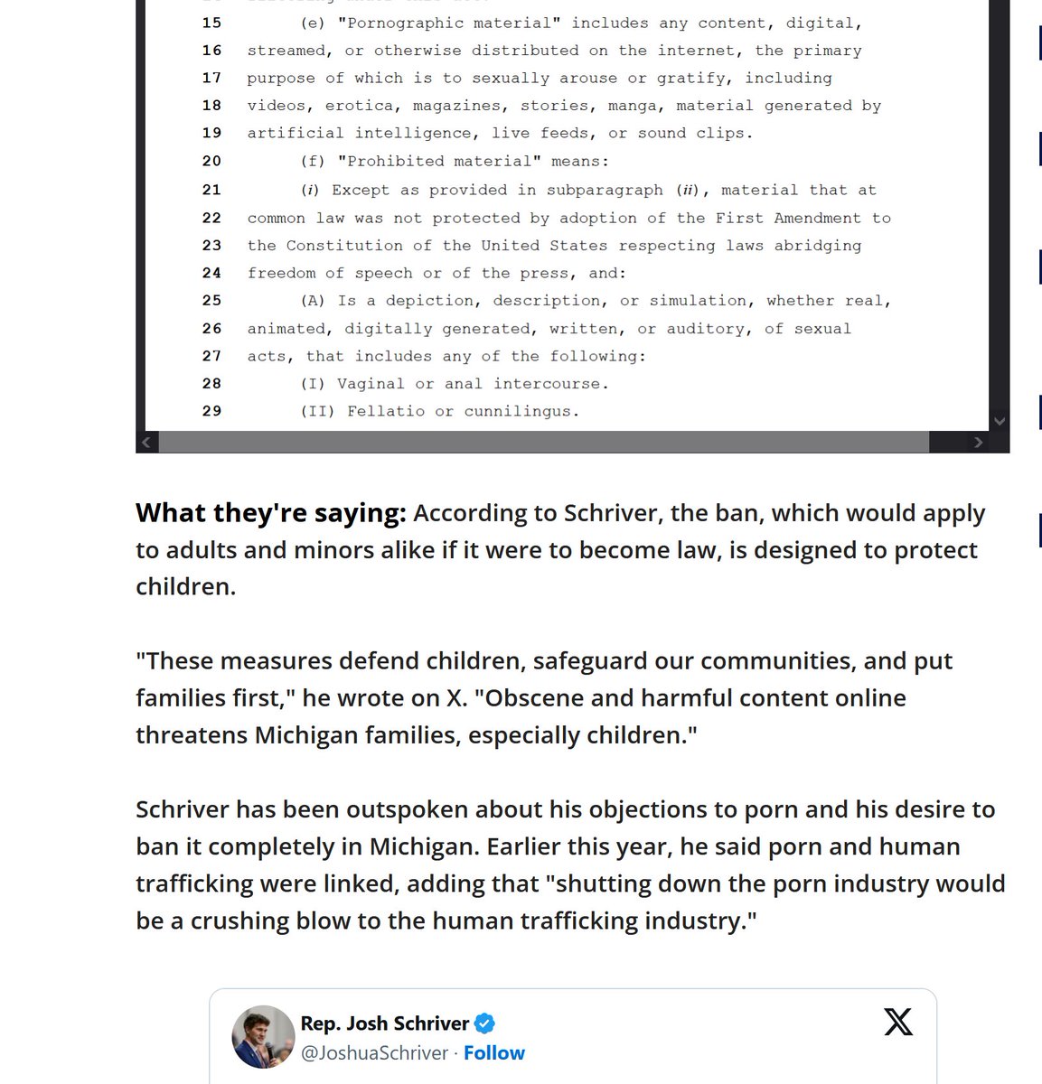 🧵Michigan Republican "House Bill 4938 the 'Anticorruption of Public Morals Act,' would prohibit "real, animated, digitally generated, written, &amp; auditory" depictions of sexual acts or trans identity. Punishable up to 25 years prison &amp;/or a $125,000 fine." fox2detroit.com/news/total-por…