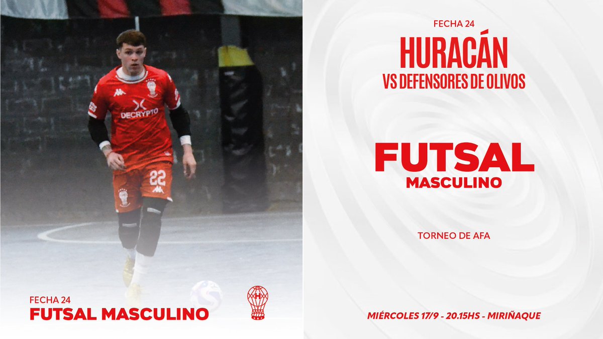 huracandeportes's tweet photo. #Huracán 🎈 #FutsalMasculino
⚽ Este miércoles 17/9, la Primera del Globo se enfrentará a #DefensoresDeOlivos por la #Fecha24 de la Cuarta División del Torneo de @Afa desde las 20:15, en Miriñaque https://t.co/yP2DTcbTCB
