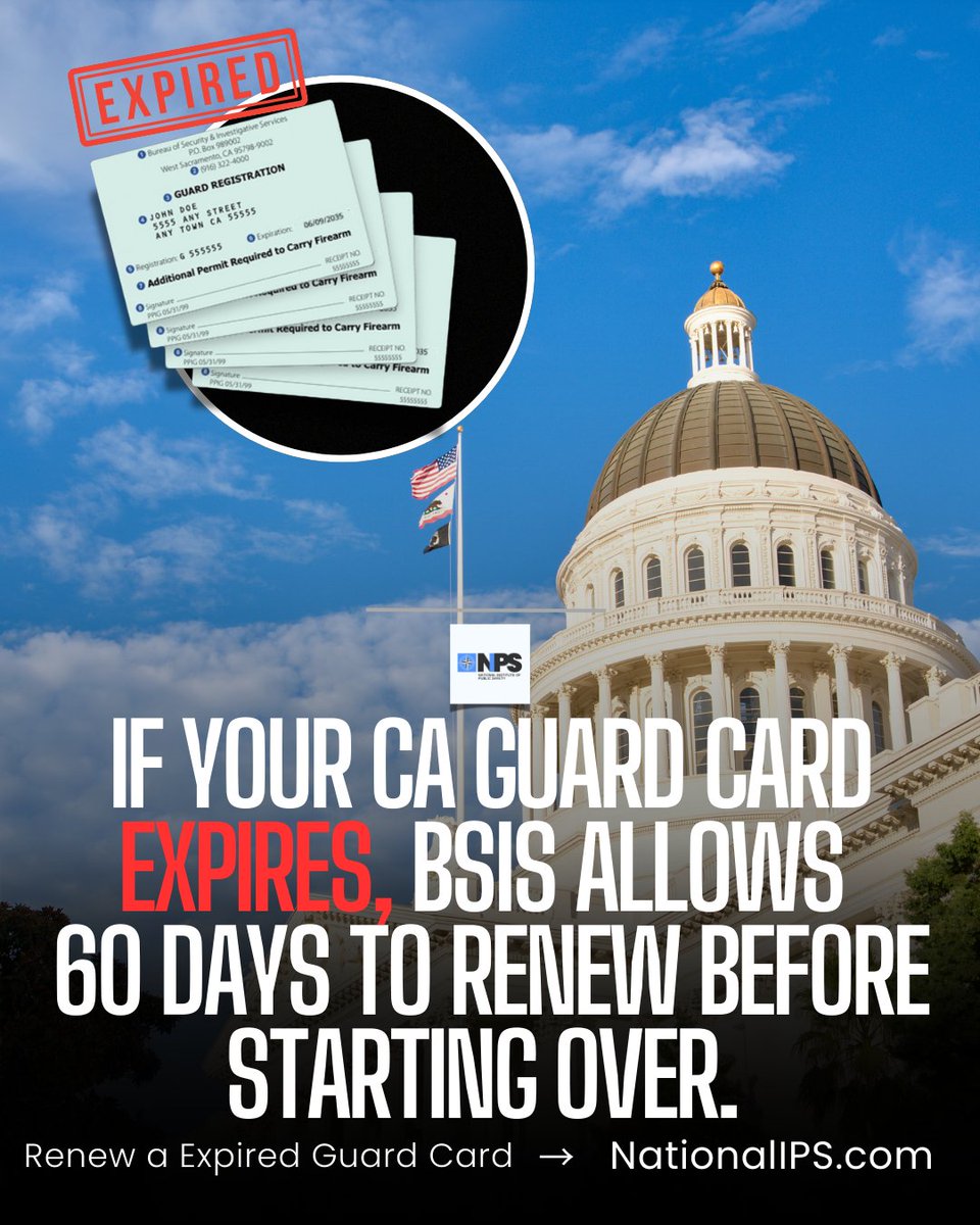 ⚠️ Did your California Guard Card expire — or do you know a friend or co-worker who needs to renew theirs?

🤝 Send this to them or tag them in the comments — it could save them their job, time, and money!

👉 If it’s been less than 60 days, you can enroll in our 8-Hour BSIS