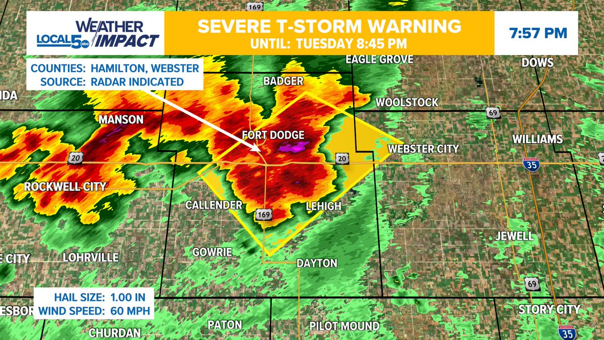 ALERT: A Severe Thunderstorm Warning is in effect until 9/16 8:45PM for Webster, Hamilton Co. Seek shelter indoors until this storm passes your area! #IAWX
