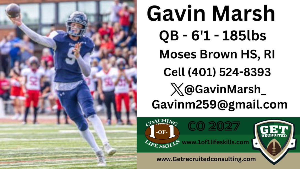 Gavin Marsh - CO2027 - QB - 6'1, 185lbs - Duel threat QB, smart, athletic, playmaker. Moses Brown HS, RI. Profile: app.productiverecruit.com/profile/gavin-… <a href="/GavinMarsh_/">Gavin Marsh</a> @1of1lifeskills <a href="/ButlerUFootball/">Butler Football</a> <a href="/DaytonFootball/">Dayton Football</a> <a href="/DrakeBulldogsFB/">Drake Football</a> <a href="/Marist_Fball/">Marist Football</a> <a href="/UNewHavenFB/">New Haven Football</a> <a href="/SCSUFB/">SCSU Football</a> <a href="/FootballBentley/">Bentley Football</a> <a href="/Ravens_FB/">Franklin Pierce Football</a>