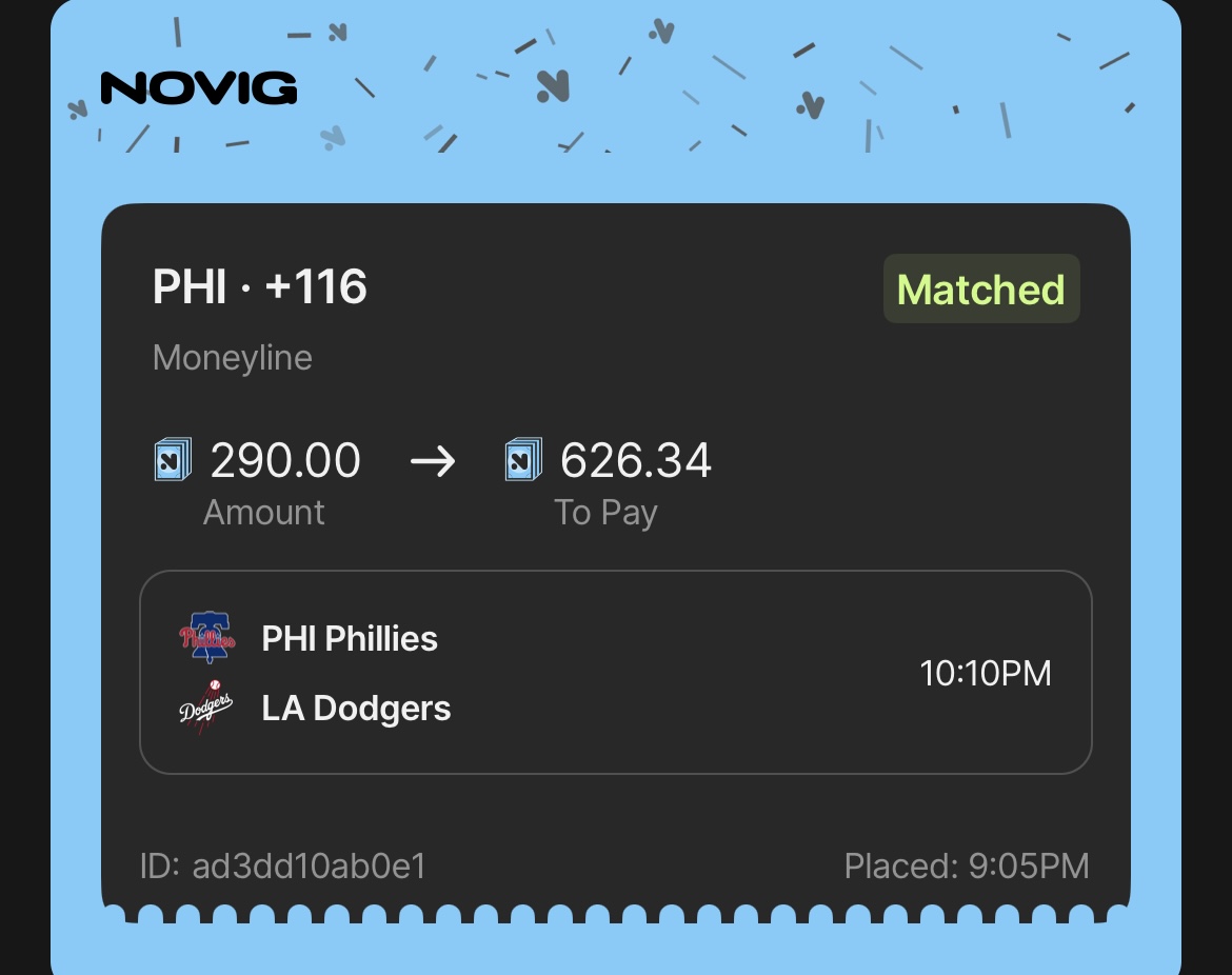 EVBettors's tweet photo. MLB NUKE: Phillies ✅

If Philly wins, I'll give $250 to somebody who LIKES & RETWEETS this. Comment your PayPal OR Venmo 👇🏼

Best price (+116) is on Novig, a book legal nearly all states. They have a sign-up bonus here for new users here: https://t.co/txHYAZ7h6H ("ALEX" = my refer a friend code)

Let's have another good night 😈