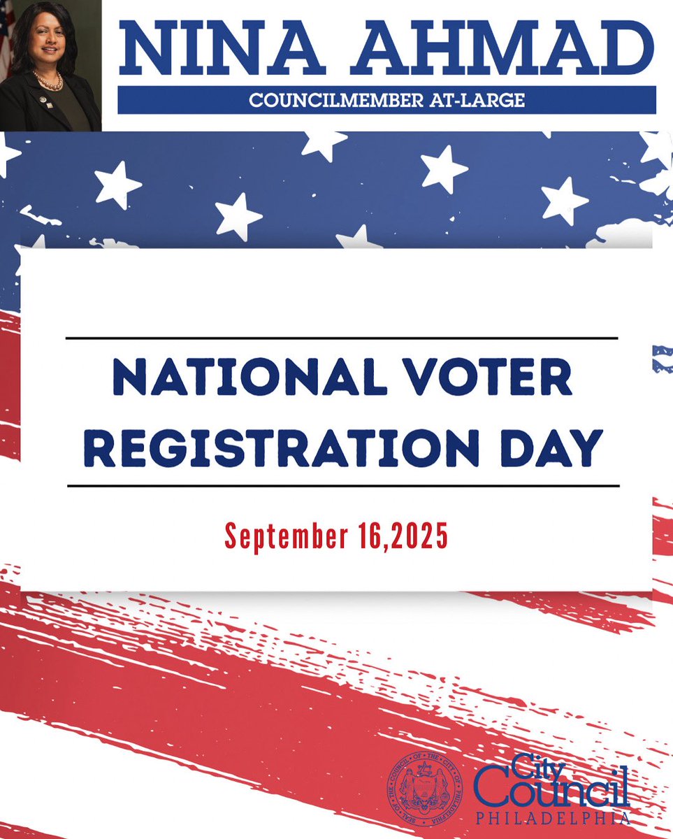 It’s National Voter Registration Day! 🗳️
Your voice matters.
✅ Register by Oct 20
✅ Find your polling place
✅ Make a plan to vote with family &amp; friends

Visit @phillyvotes | vote.phila.gov to register &amp; find your location. 
#cmahmad