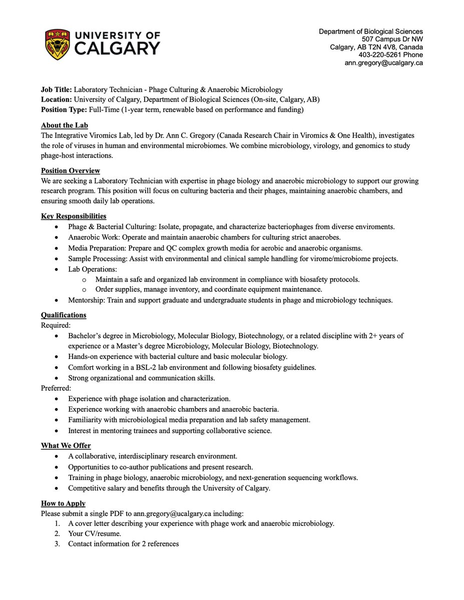 🚨 We’re hiring! 🚨

The Integrative Viromics Lab <a href="/UCalgary/">U Calgary</a> is looking for a Lab Technician to join us starting November 2025.

🔬 Phage isolation &amp; culture
🧫 Anaerobic chamber work
📦 Lab management &amp; student mentoring

Apply now &amp; help us explore the virosphere!