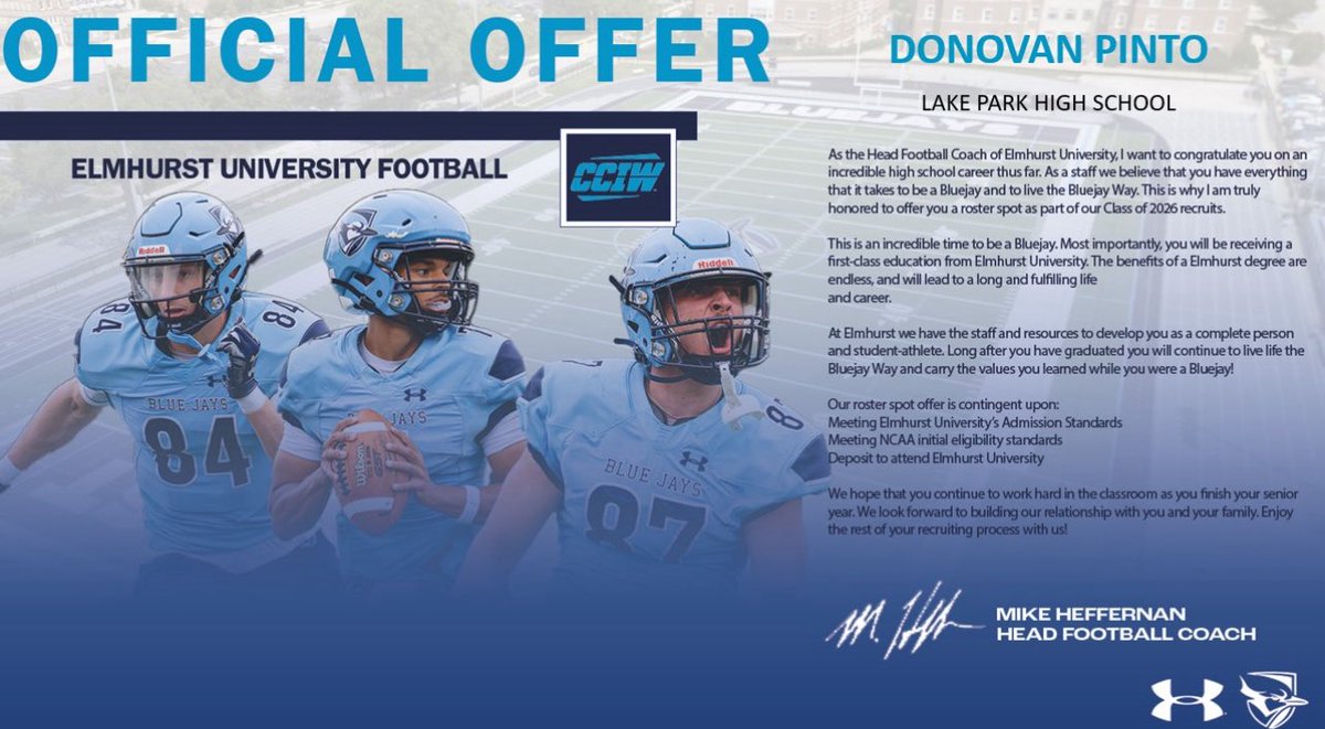 After a great phone call with <a href="/CoachMadison_EU/">Colin Madison</a>. Im extremely blessed to receive my first offer from <a href="/ElmhurstU_FB/">Elmhurst University Football</a>.Thank you  coaches for believing in me to play at the next level. <a href="/LakeParkFootbal/">Lake Park Lancer Football</a>