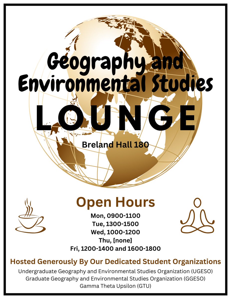 NMSU Geography and Environmental Studies (@nmsugeography) on Twitter photo GES Lounge is open! 📍Breland Hall 180
Mon 9–11 • Tue 1–3 • Wed 10–12 • Fri 12–2 & 4–6 (no Thu)
Come study, ask questions, or just hang out—hosted by our student organizations: UGESO, GGESO & GTU. #NMSU #Geography #EnvironmentalStudies #StudentLife #UGESO #GGESO #GTU GES Lounge is open! 📍Breland Hall 180
Mon 9–11 • Tue 1–3 • Wed 10–12 • Fri 12–2 & 4–6 (no Thu)
Come study, ask questions, or just hang out—hosted by our student organizations: UGESO, GGESO & GTU. #NMSU #Geography #EnvironmentalStudies #StudentLife #UGESO #GGESO #GTU