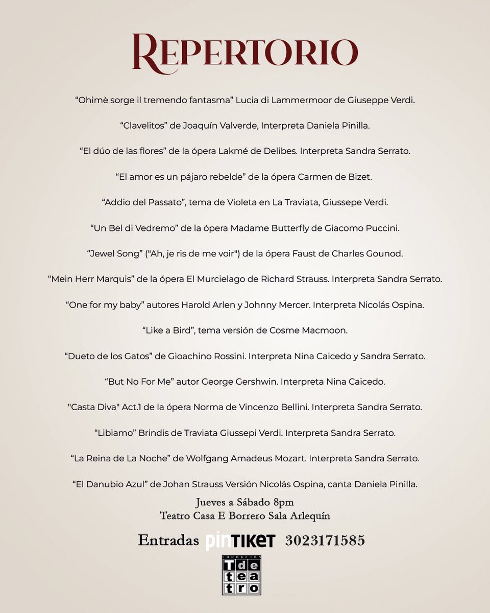 Una comedia con música para
Contar la historia de la mujer que no le tenía miedo a cumplir su sueño de cantar. Véala de jueves a sábado en la sala arlequín de <a href="/casaeborrero/">Casa E Borrero</a> 
Actúa <a href="/laserrato/">Sandra Serrato</a> <a href="/RMejiabad59469/">Ricardiaco</a> <a href="/NinaCaicedo/">Nina Caicedo</a> dirige <a href="/eldelteatro/">Wilson León @eldelteatro</a>