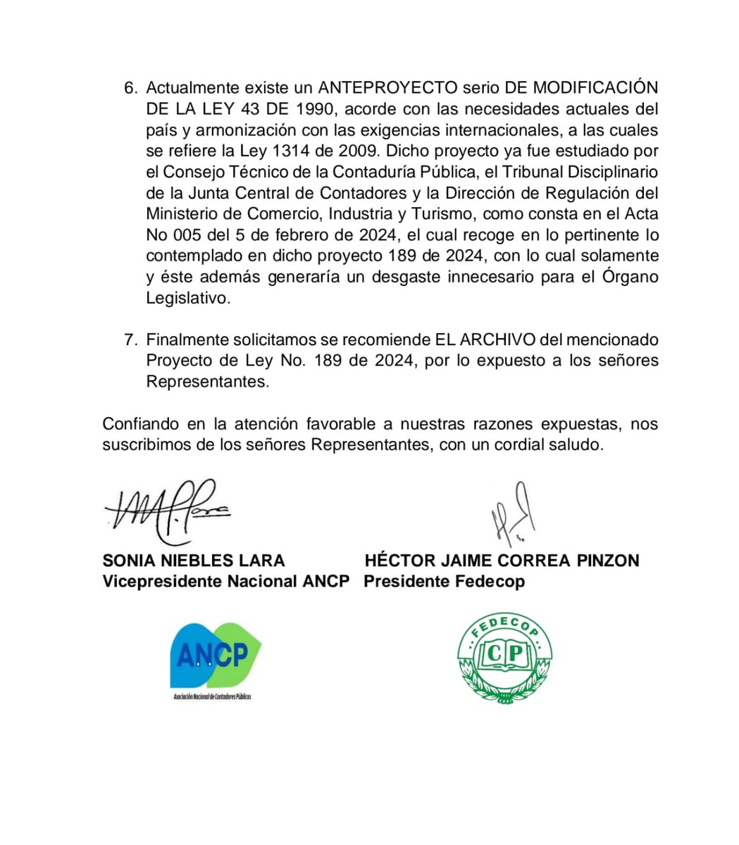 Sonia Niebles Lara, vicepresidenta de la <a href="/ancpcol/">Asociación Nacional de Contadores Públicos</a> , y Héctor Jaime Correa, presidente de FEDECOP, dirigieron carta a los Representantes Alfredo Ape Cuello y Dorina Hernández, expresando su posición sobre el Proyecto de Ley 189 de 2024 y recomendando su archivo.
