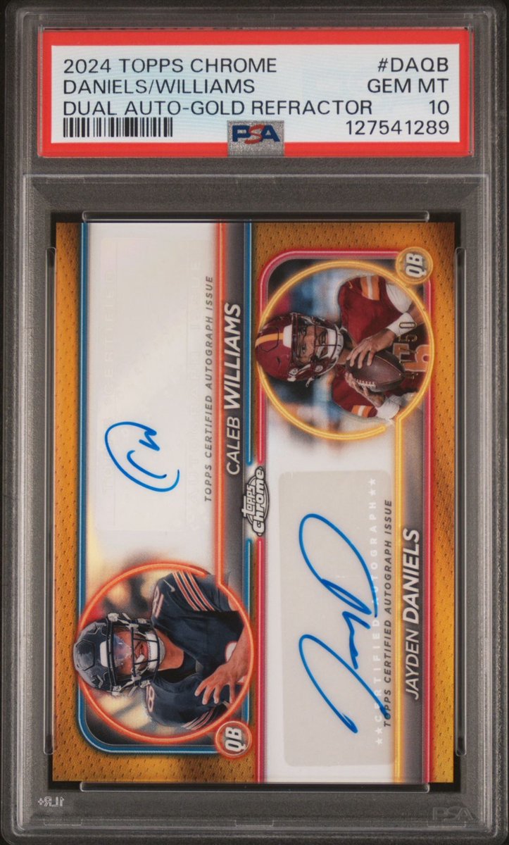 coreywadd's tweet photo. For Sale 🚨
 - 2024 Topps Chrome Jayden Daniels / Caleb Williams RC Dual Auto Gold /50 PSA 10

$5,500 Shipped

PPG&amp;S
BMWT

#forsale #sportscards #jaydendaniels #calebwilliams #chicagobears #WashingtonCommanders #TOPPS #rookie #autograph #psa10 https://t.co/O5yHMa4FDM
