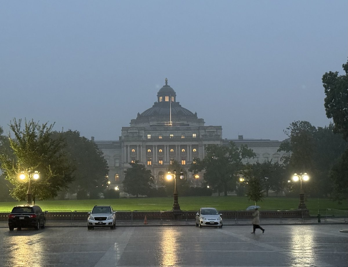 Blurred by the pouring rain this evening, a view of the Library of Congress Thomas Jefferson Building from the South entrance to the U.S. Capitol.  // ⁦<a href="/librarycongress/">Library of Congress</a>⁩ ⁦<a href="/capitalweather/">Capital Weather Gang</a>⁩ ⁦<a href="/theHillisHome/">The Hill is Home</a>⁩ ⁦<a href="/HillRagDC/">HillRag DC</a>⁩ ⁦<a href="/HillCenterDC/">Hill Center</a>⁩ //
