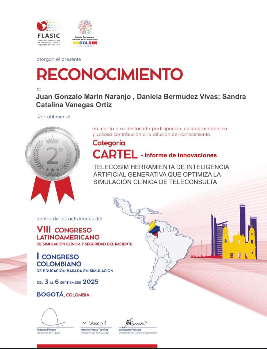 CATAVAORMD's tweet image. 🥈 ¡Orgullosos!
Con TeleCoSim, herramienta basada en IA generativa para el entrenamiento en #Teleconsulta, obtuvimos el 2.º lugar en Innovación en el VIII Congreso Latinoamericano de Simulación Clínica y Seguridad del Paciente – Bogotá 🇨🇴.#SimulaciónClínica #IA #Innovación