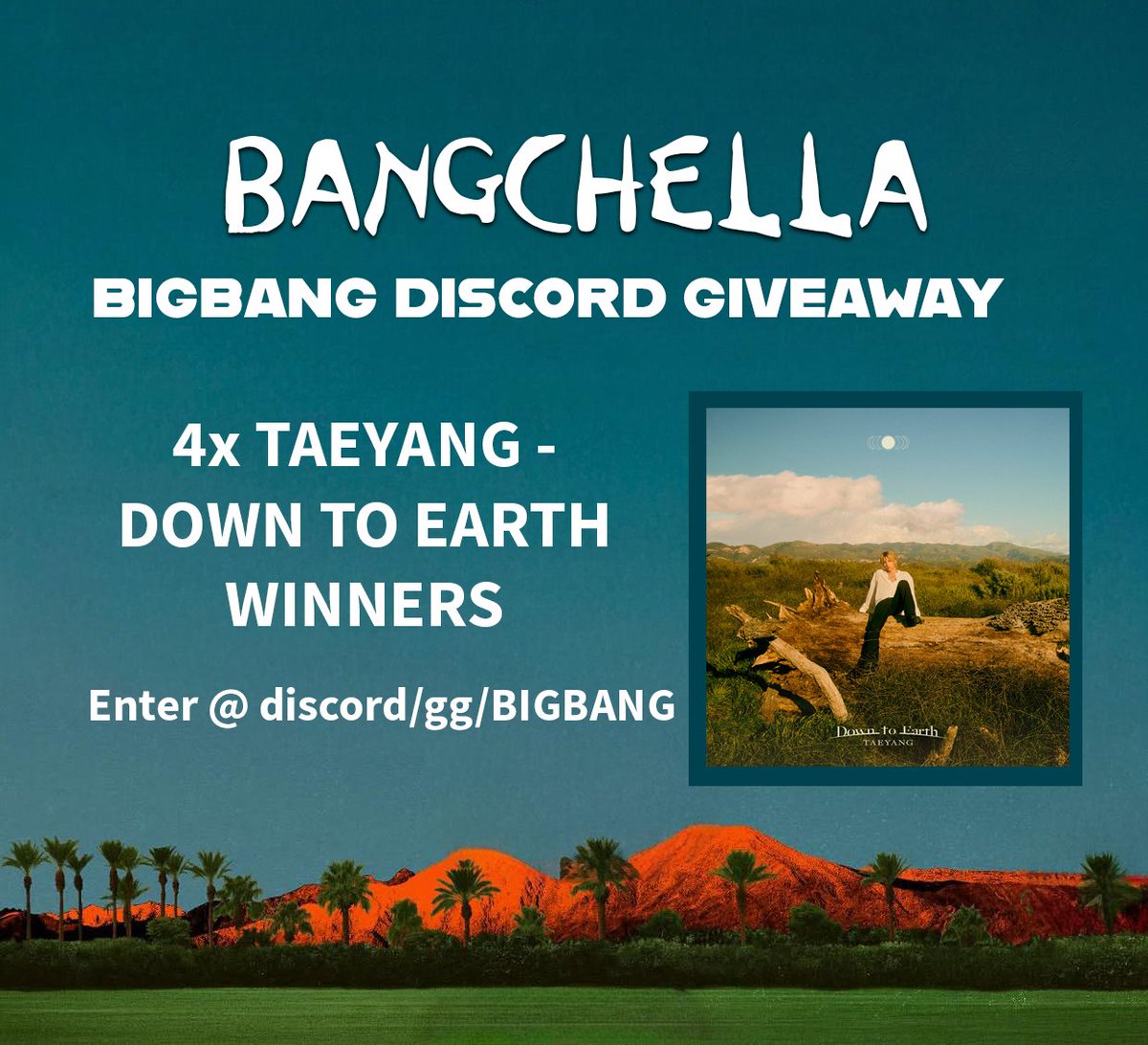 ⭐️BIGBANG DISCORD GIVEAWAY 15⭐️

In celebration of #BIGBANG at Coachella we are giving away FOUR copies of <a href="/Realtaeyang/">TAEYANG</a>'s Down to Earth albums.

🔁 RT +  ♥️ Like for +1 entry  

🎟️ Enter @ discord.gg/bigbang