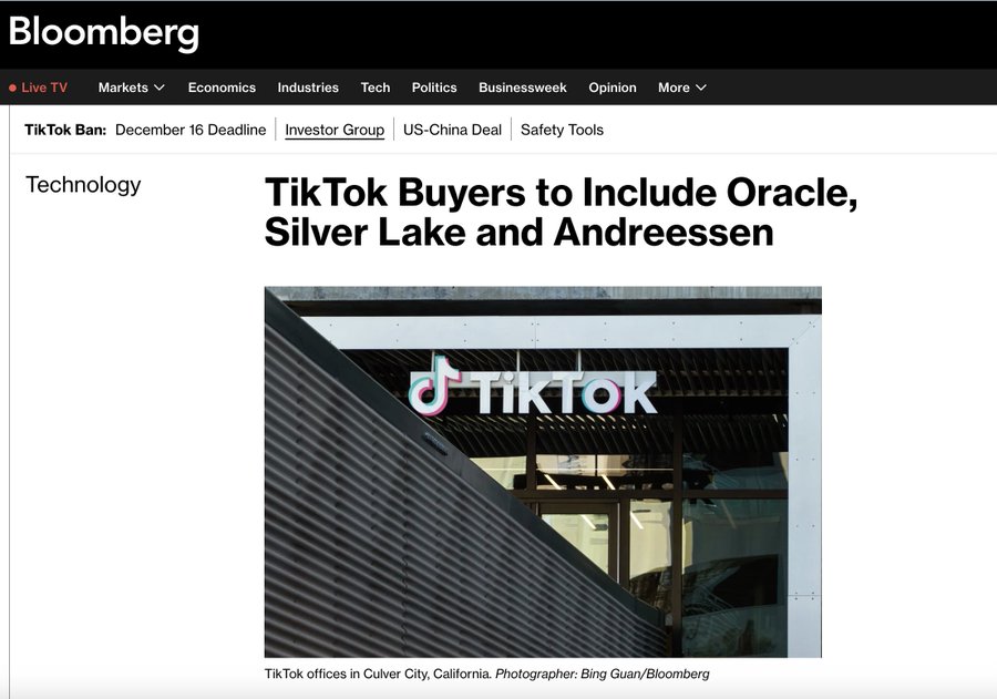 A photo of TikTok offices in Culver, California. The TikTok logo is prominently displayed on a building facade. Text overlay includes "TikTok Buyers to Include Oracle, Silver Lake and Andreessen."