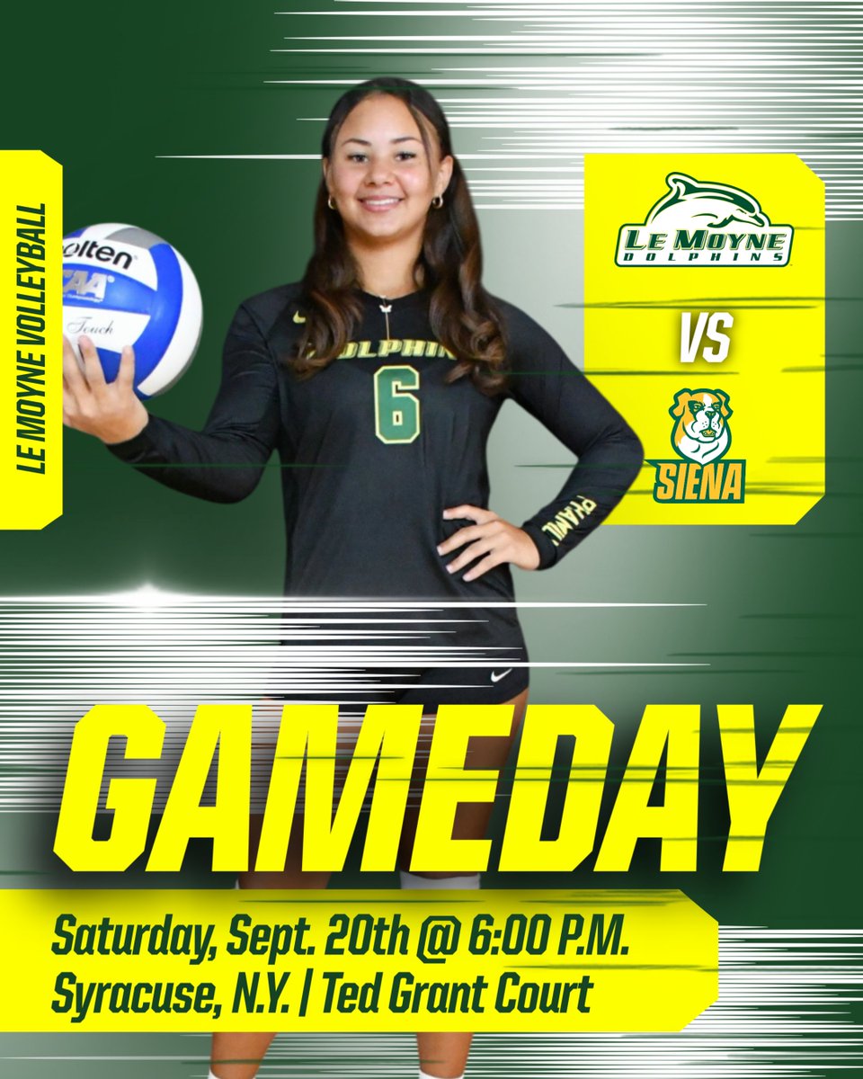 LeMoyneVBALL's tweet photo. IT'S GAMEDAY‼️

We're hosting Siena to close out the Syracuse Invitational!

#LetsGoPhins🐬

🆚 Siena University
⏰ 6:00 P.M.
🏟️ Syracuse, N.Y. | Ted Grant Court
📊 https://t.co/mha4z4Lxkh
📺 https://t.co/UZml6i5wbj https://t.co/wFQWHHE7eG