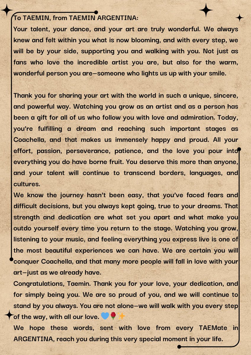 TaeminArgentina's tweet photo. Para TAEMIN, de parte de TAEMIN ARGENTINA - To TAEMIN, from TAEMIN ARGENTINA 💛

#태민버블
#TAEMIN_IN_COACHELLA #태민_코첼라로_현실이되 #TAEMCHELLA #Coachella2026 #Coachella  #태민 #TAEMIN #テミン #泰民 
@TAEMIN_BPM https://t.co/KacpBPVvj1