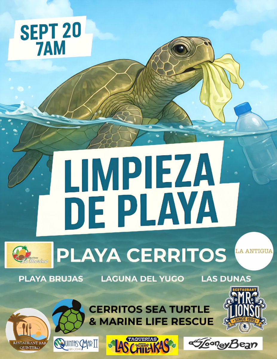 20 de septiembre de 2025. La limpieza comienza a las 7 a. m. Traiga agua, gorro y guantes. Habrá agua y guantes. Apoye a los negocios de nuestra área de Cerritos. #Mazatlan