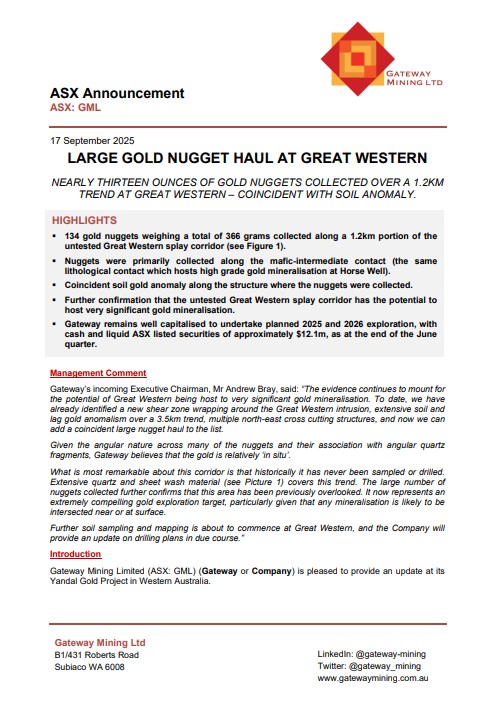 gateway_mining's tweet image. Gateway Mining is pleased to report a large gold nugget haul at the Great Western prospect, part of its Yandal Gold Project in Western Australia, with nearly 13oz of nuggets collected over a 1.2km trend. 

ow.ly/qYlr50WXReZ

$GML #gold #ASX #WA #ASX #ausbiz