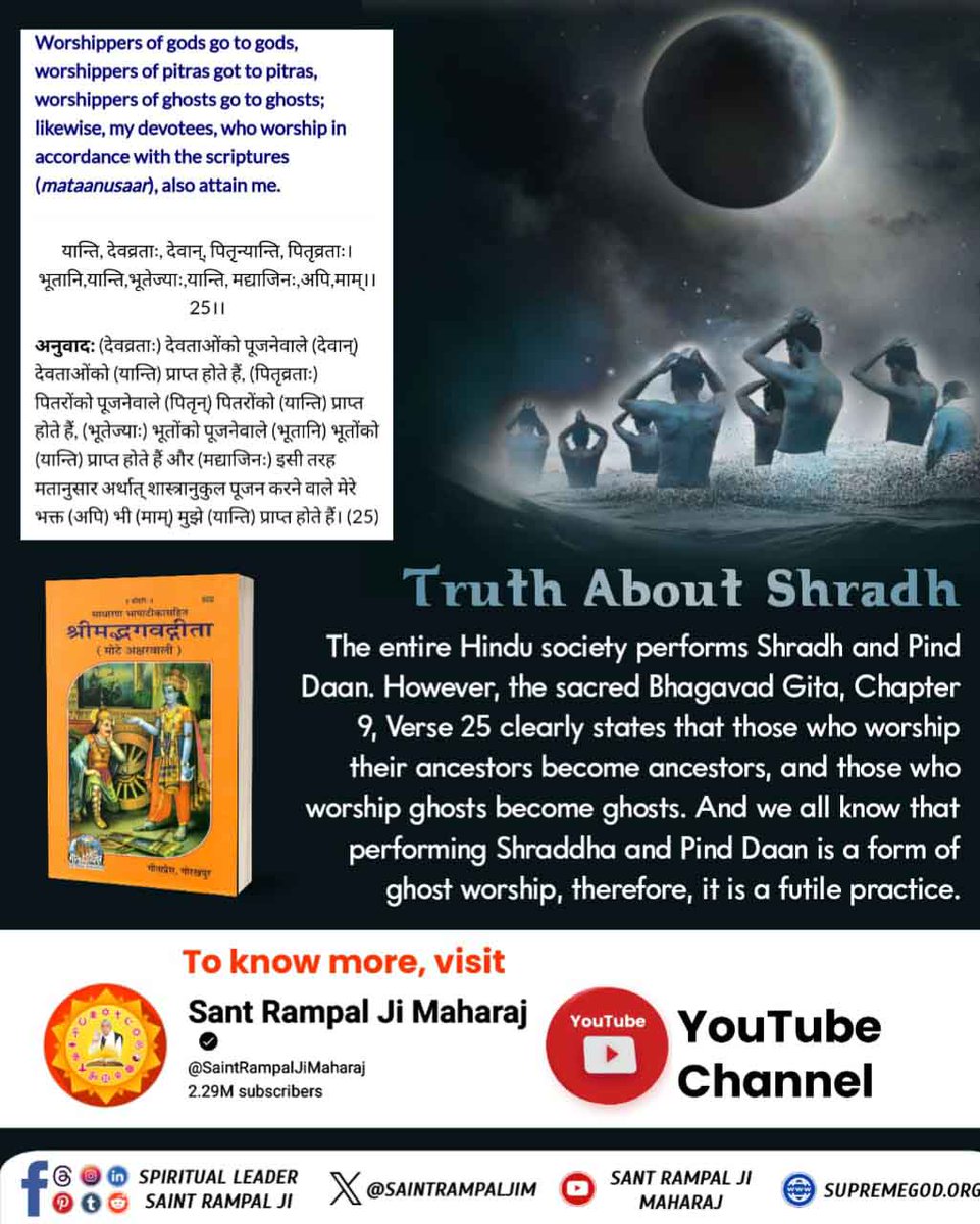 #भूतपूजेंगे_वो_भूतबनेंगे गीतामेंप्रमाणहै
The entire Hindu society performs Shradh and Pind Daan. However, the sacred Bhagavad Gita, Chapter 9, Verse 25 clearly states that those who worship their ancestors become ancestors, and those who worship ghosts become ghosts.
