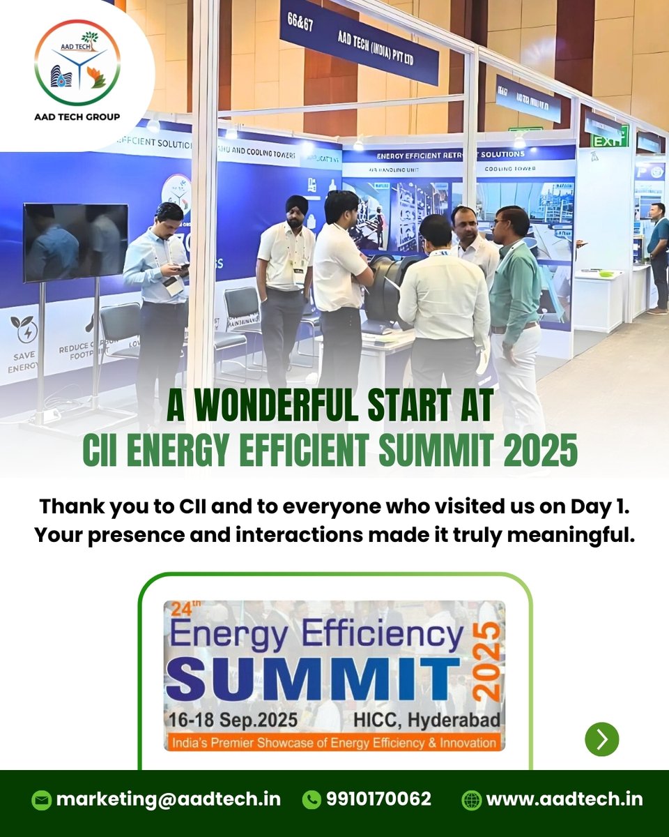 TechAad's tweet image. Day 1 at the CII Energy Efficient Summit 2025, Hyderabad was a great start. Thank you to CII and everyone who visited us. 2 more days to go, discover AADTech’s energy-efficient solutions.
📍 Booth 66 & 67, HICC Hyderabad
📅 16–18 September 2025
#AADTech #EnergyEfficiency #CII
