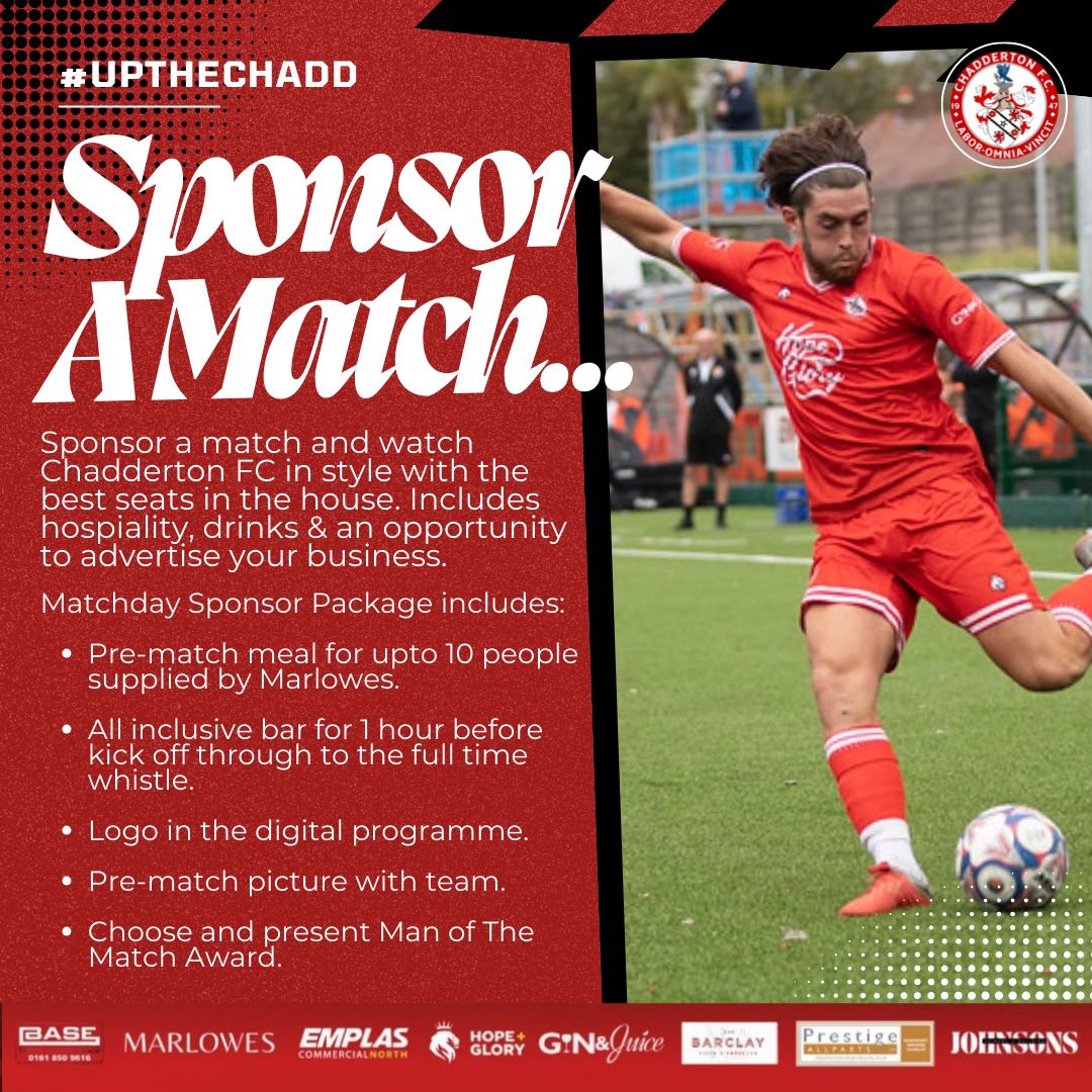 We kick off our <a href="/thefavase/">TheFaVase</a> campaign at home on Saturday against <a href="/Wakefield_AFC/">Wakefield AFC</a>. 

Why not enjoy the match in style whilst giving your business some local advertising exposure? 🤔 

Get in touch to sponsor Saturdays game! 

📧 commercial.chaddertonfc@gmail.com

#UpTheChad