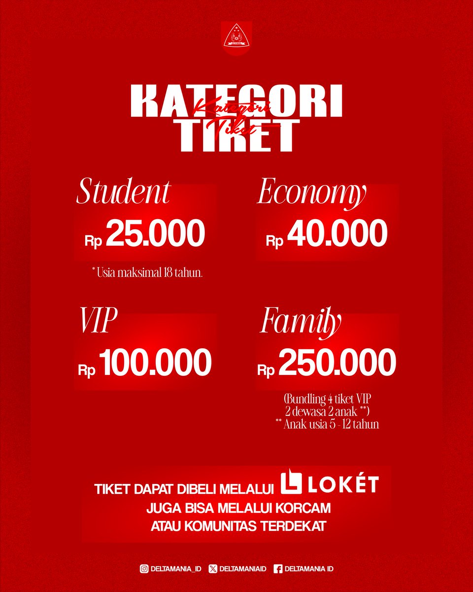 INFO TICKET!!!!

Deltras vs Barito
Minggu 21 September 2025
Kick-Off 19.00 WIB

Ticket telah dibuka untuk beberapa kategori yaitu Umum, Pelajar, dan Keluarga.
Dapat di akses melalui Loket.Com atau melalui korwil masing-masing.

SALAM VIRUS DAMAI
DELTAMANIA!!!