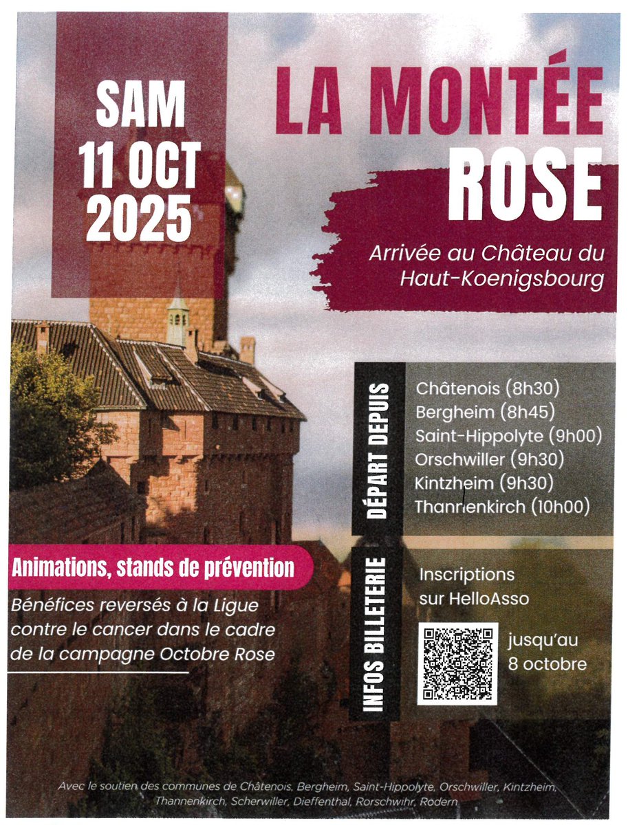 #OctobreRose Participez à la Montée Rose vers le Château du Haut-Koenigsbourg samedi 11 octobre 🥾

👉 sur inscription jusqu'au 8 octobre : helloasso.com/associations/a…

🎀 L'ensemble des bénéfices sera reversé à La Ligue contre le #cancer <a href="/laliguecancer/">La Ligue contre le cancer</a>