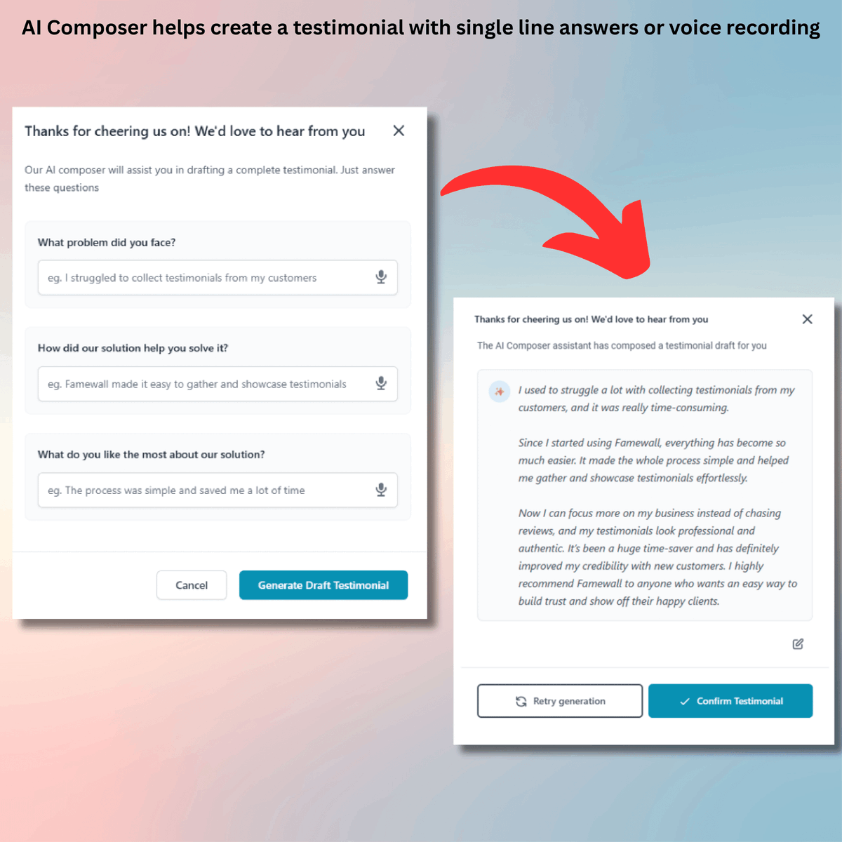 New feature: AI Assistant Composer to help your customers quickly record or write testimonials

Once you enable the AI composer assistant in the testimonial collection page, and your users get to the "Send Text Testimonial" option, they can record or type testimonials