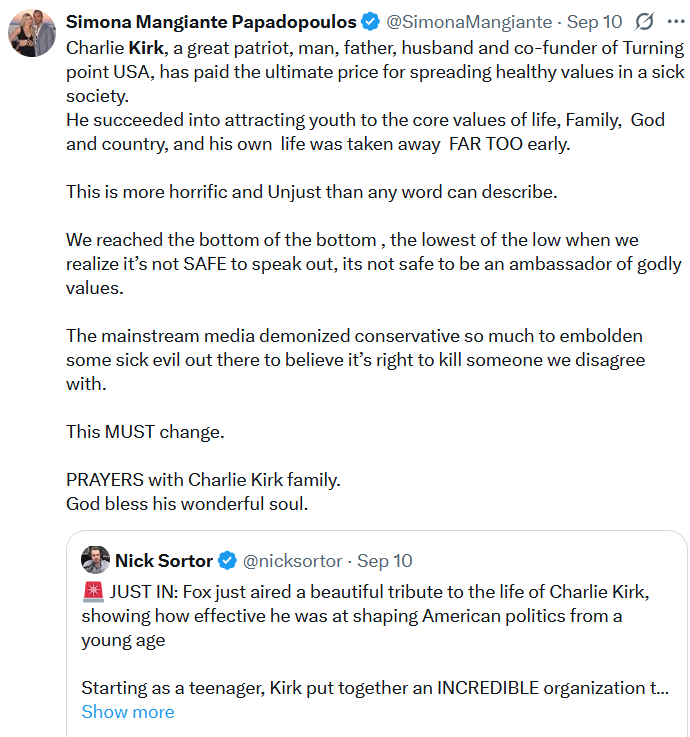JaneWallaceL's tweet photo. Of course this disgusting woman, Simona Mangiante, would completely ignore Kirk's legacy of hate. 
https://t.co/qxAr2qTbk6 https://t.co/CO0dWnfT3A