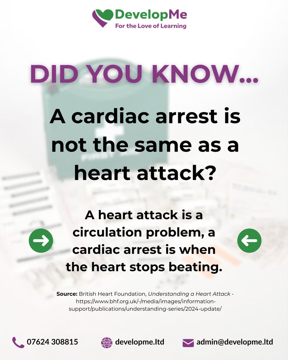 developmeltd's tweet image. Heart attack ≠ cardiac arrest ❌ A heart attack is when blood flow is blocked, but in cardiac arrest the heart actually stops. 🚨 Knowing the difference can save lives. 
#DidYouKnow #FirstAid #DevelopMe