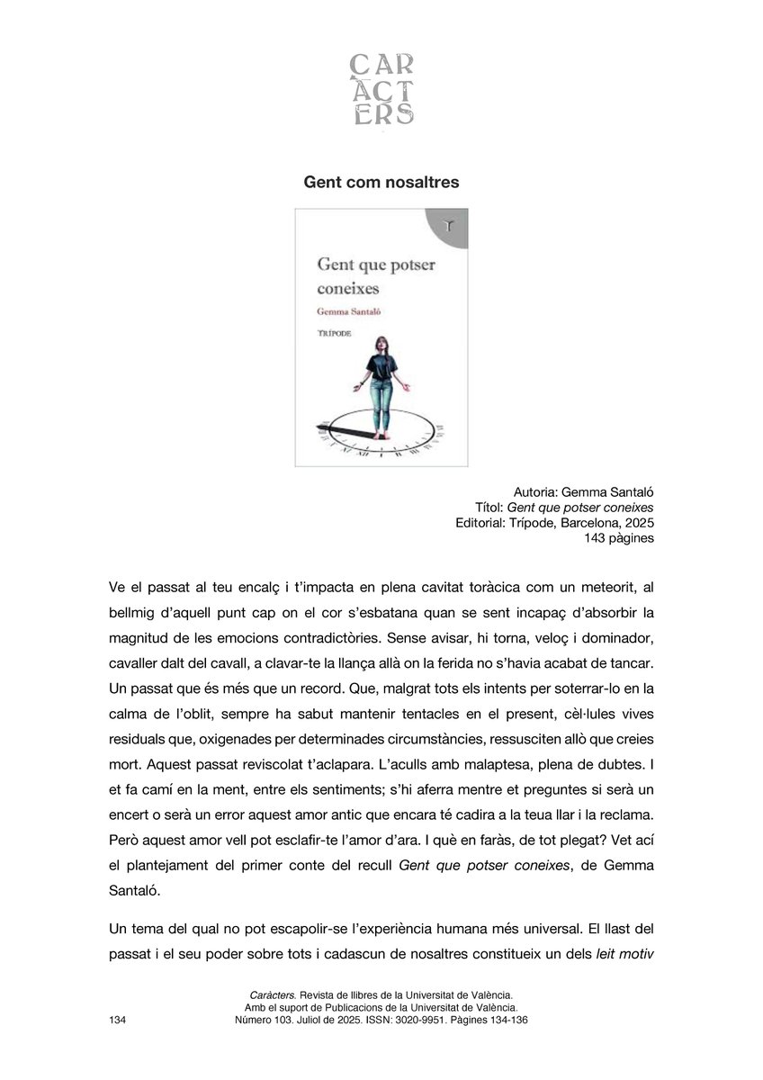 Revista Caràcters (@caractersuv) on Twitter photo Ve el passat al teu encalç i t’impacta en plena cavitat toràcica com un meteorit.
Així comença <a href="/IsabelCanetF/">Isabel Canet Ferrer</a> la seua ressenya de 'Gent que potser coneixes' (<a href="/GemmaSantalo/">Gemma Santaló</a>, <a href="/Ed_Tripode/">Editorial Trípode</a>) al 103 de Caràcters.
divulgacionturia.uv.es/index.php/cara… Ve el passat al teu encalç i t’impacta en plena cavitat toràcica com un meteorit.
Així comença <a href="/IsabelCanetF/">Isabel Canet Ferrer</a> la seua ressenya de 'Gent que potser coneixes' (<a href="/GemmaSantalo/">Gemma Santaló</a>, <a href="/Ed_Tripode/">Editorial Trípode</a>) al 103 de Caràcters.
divulgacionturia.uv.es/index.php/cara…