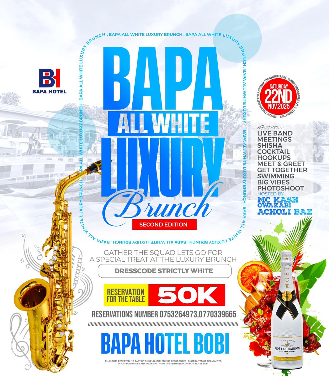 BapaHotel's tweet image. We are pleased to announce the second edition of the Bapa All White Luxury Brunch, taking place at Bapa Hotel Bobi on Saturday , November 22nd, 2025. This exclusive event, hosted by @McKashOwakabi and @AcholiBae featuring Spes band, The dress code is Strictly All White