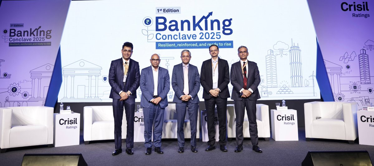 CrisilLimited's tweet photo. What a day! The first edition Crisil Ratings Banking Conclave 2025 brought together senior banking leaders to discuss trends, challenges, and strategies shaping the future of Indian banking.

Swipe through the moments that captured the energy, insights, and collaboration from the conclave.

Here are some key highlights from the event:
- Bank credit growth, estimated a tad higher than last year at ~11-12% for fiscal 2026, is likely to pick up in the second half of the year aided by various Government and regulatory stimuli, and easing of bond market substitution.
- Asset quality metrics, while at multi-year lows, have bottomed out and will remain range bound. Evolving geopolitical environment, potential uptick in export-linked MSME sub segments and unsecured retail portfolios – bear watching.
- Return on assets (RoA), despite compression foreseen for fiscal 2026 in the backdrop of softened interest rates, would still remain adequate at ~1.3%. Thinner net interest margins (NIMs) will be the primary driver.
- Nevertheless, strong fundamentals of the sector support its robust health, positioning it well to fund opportunities emerging in India’s growth story.

A huge thank you to our panelists, and attendees for making this day truly inspiring!

#CrisilRatings #BankingConclave #CXOInsights #BankingSector