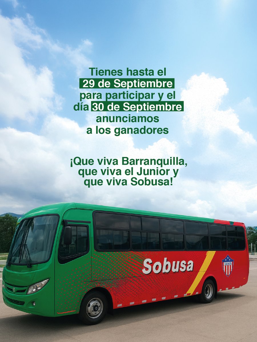 🚍⚽ Te regalamos 2 camisetas oficiales del <a href="/JuniorClubSA/">Junior FC</a> 🔴⚪🔵
👉 Participa:
1️⃣ Síguenos y dale ❤️
2️⃣ Comenta: ¿Qué ruta sería el bus oficial del Junior y por qué?

📅 Hasta el 29/09
👕 1 ganador hombre + 1 mujer
Aplica términos y condiciones.
#ConcursosSobusa #JuniorTuPapá