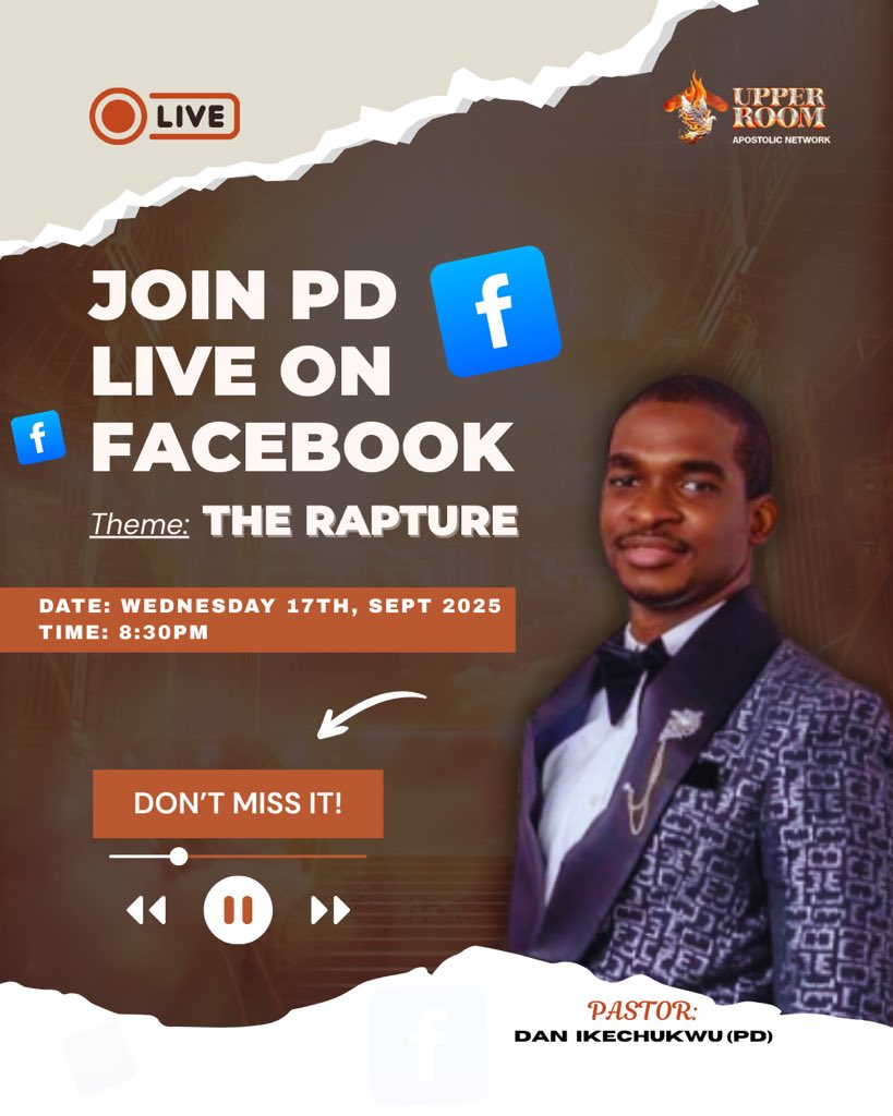 PDanielFire's tweet photo. Join me TODAY as we share the SCRIPTURES on a very important but less talked about Kingdom Event - The Rapture. You will be glad you joined. Make sure you join with your Bible, Note Pad. The BrideGroom is coming for His Bride 💃🏽💃🏽🎺🎺🎺 Hallelujah!!!

FACEBOOK PAGE: @pdanielfire https://t.co/hzW8zqBOTi