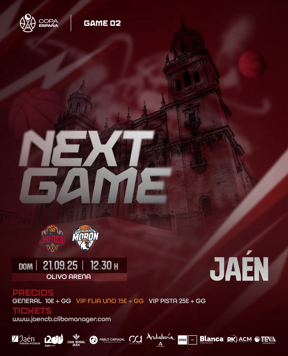 📅 Próximo Partido
🔥 Fase Previa – Copa de España

🏀 Jaén CB vs CB Morón
📍 Olivo Arena (Jaén)
🕐 Domingo 21 de septiembre – 12:30 h

🎟️ Entradas disponibles:
•General: 10 € +GG
•VIP Fila 1: 15 € +GG
•VIP Pista: 25 € +GG

jaencb.clibomanager.com