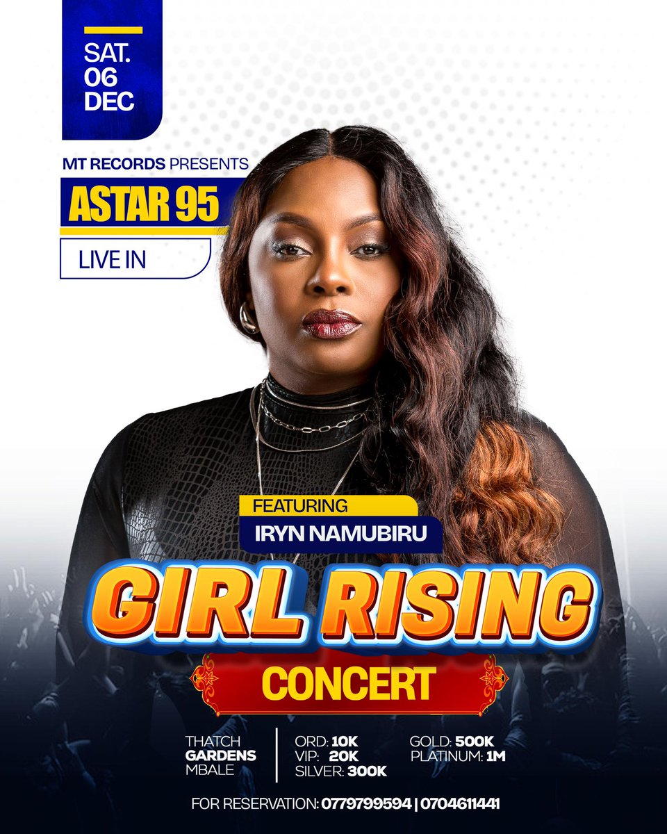 AstarOfficial01's tweet photo. The much match anticipated #Astar95LiveInGirlRisingConcert presents to you the timeless songstress @irynnamubiru whose magic runs through her amazing ballads and real life stories.
You don’t wanna MISS THIS NIGHT…
#Mtrecords2025
#Thathgardens
#6thDec🔥🔥
#EasternTweeps https://t.co/gfbFqrWlDH