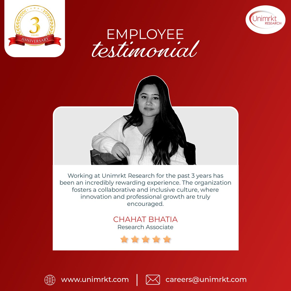 A big congratulations to Chahat Bhatiya for completing three years with Unimrkt!

Cheers to many more years of success, learning, and making a difference together!​

#UnimrktResearch #Journey #Testimonial #EmployeeAppreciation #WorkCulture #TeamUnimrkt #CareerGrowth