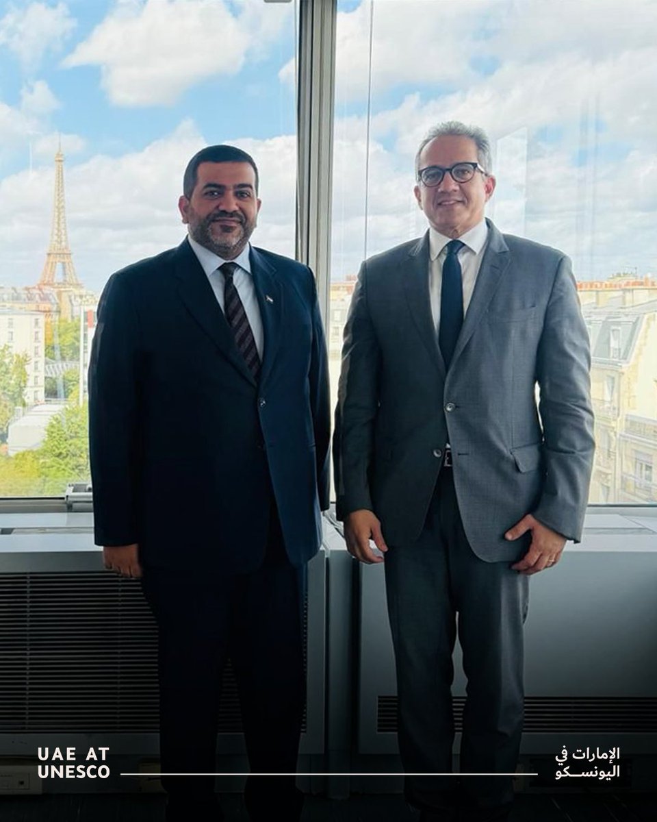 H.E. Ali Abdulla Alhaj, UAE Permanent Delegate to UNESCO, received H.E. Dr. Khaled El-Enany, the Arab candidate for UNESCO Director-General, for a fruitful exchange on the Organization’s priorities and future.

#UAEatUNESCO