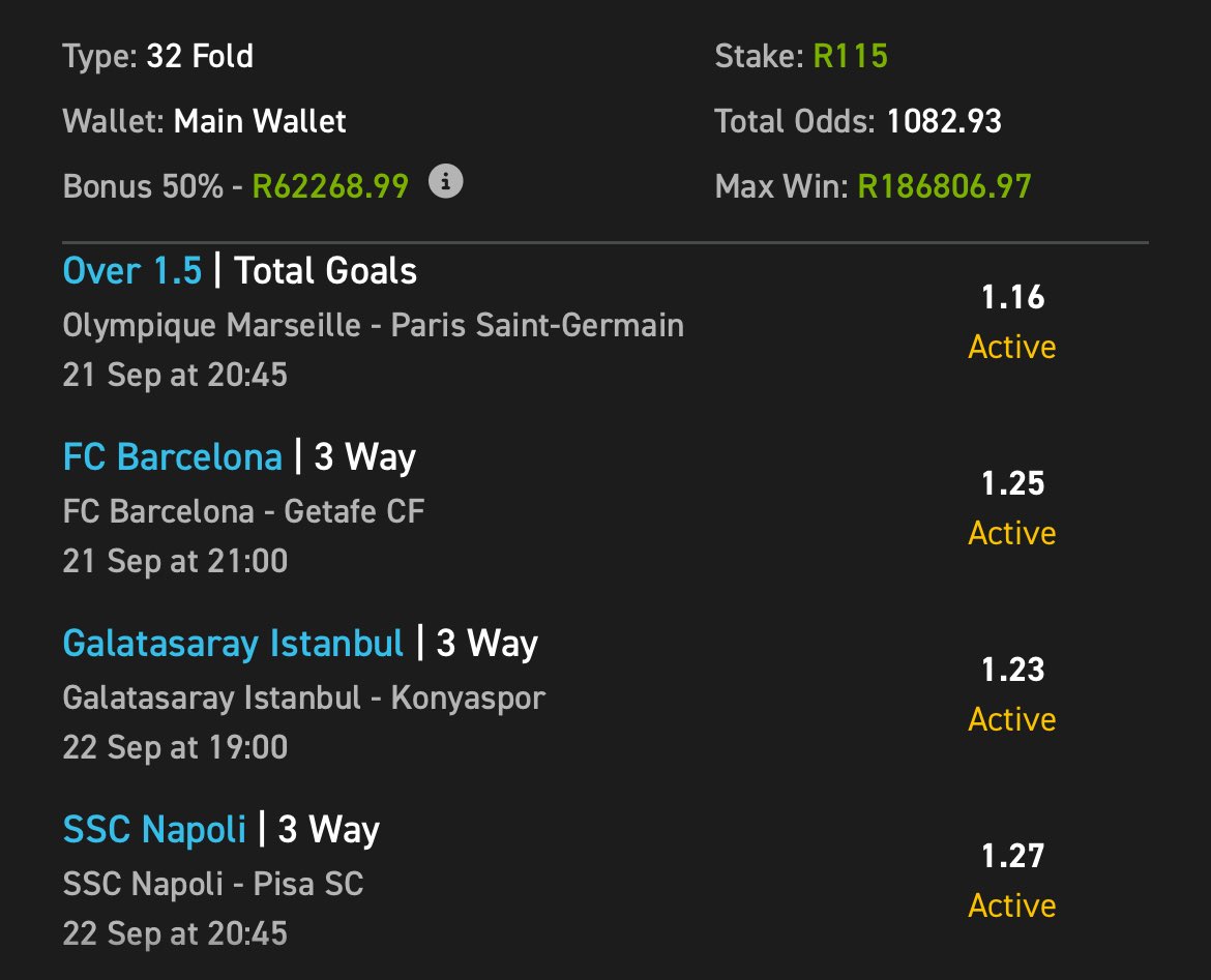 1k Odds Train 🚂 It’s Beautiful, Stake From R10
Retweet For Others

1️⃣ Copy My Betslip: easybet.co.za/sports?bookedB…
Booking Code: 430267
2️⃣ Place Your Bet Of R5 Or More.
🎁 The More You Bet, The Bigger Your Bonus!
🆕 New To Easybet? Use Code WC50 &amp; Get Up To A R50 Sign Up Bonus.
🔗