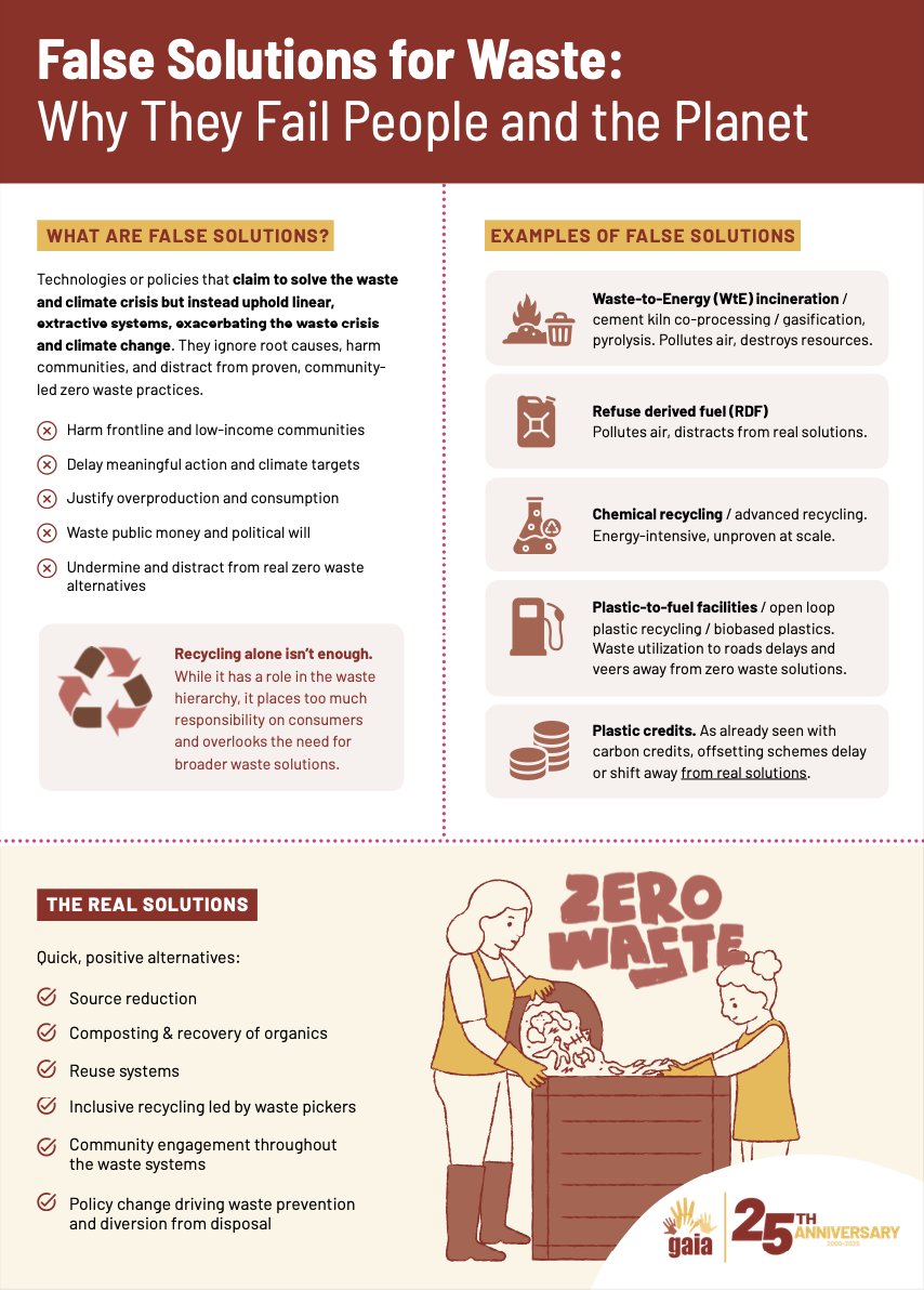 False solutions for waste management such as waste-to-energy (WtE) incineration, refused derived fuels, chemical recycling, plastic-to-fuel, and plastic credits have failed the people and the planet and moved us farther away from environmental justice.    

What we need is a