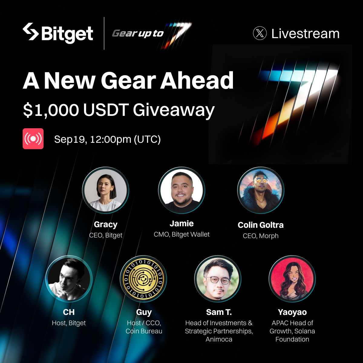 Gear up for #BitgetTurns7! Join our upcoming 𝕏 Livestream at Sep 19, 12:00 PM (UTC) and celebrate a new gear ahead with insights from:

🎙️ <a href="/GracyBitget/">Gracy Chen @Bitget</a>
🎙️ <a href="/JamieElky/">Jamie</a> | CMO <a href="/BitgetWallet/">Bitget Wallet 🩵</a>
🎙️ <a href="/Goltra/">Goltra</a> | CEO <a href="/MorphLayer/">Morph</a>
🎙️ Guy | Host &amp; COO <a href="/coinbureau/">Coin Bureau</a>
🎙️ Sam T. | Head of Investments