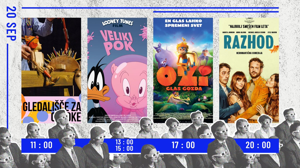 SOBOTA! #spored👇
11.00 - Lutkovna predstava: Kako objeti ježa 🦔
13.00 - Looney Tunes: Veliki pok 🫧
15.00 - Looney Tunes: Veliki pok 🫧
17.00 - Ozi: Glas gozda 🐒
20.00 - Razhod 💔