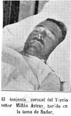 #TalDíaComoHoy, el 17 de septiembre de 1921, el teniente coronel D. José #MillánAstray recibe la primera herida en el Barranco de Amadíes alcanzando el pecho cuando estaba al frente de las I y II Banderas, participando en la toma del poblado de #Nador.