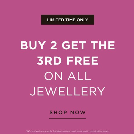 Buy two get the third FREE at Pandora! Offers starts on 18 September (17 September for MyPandora Early Access customers). Offer ends on 28 September. T&amp;Cs apply - available online at pandora.net.