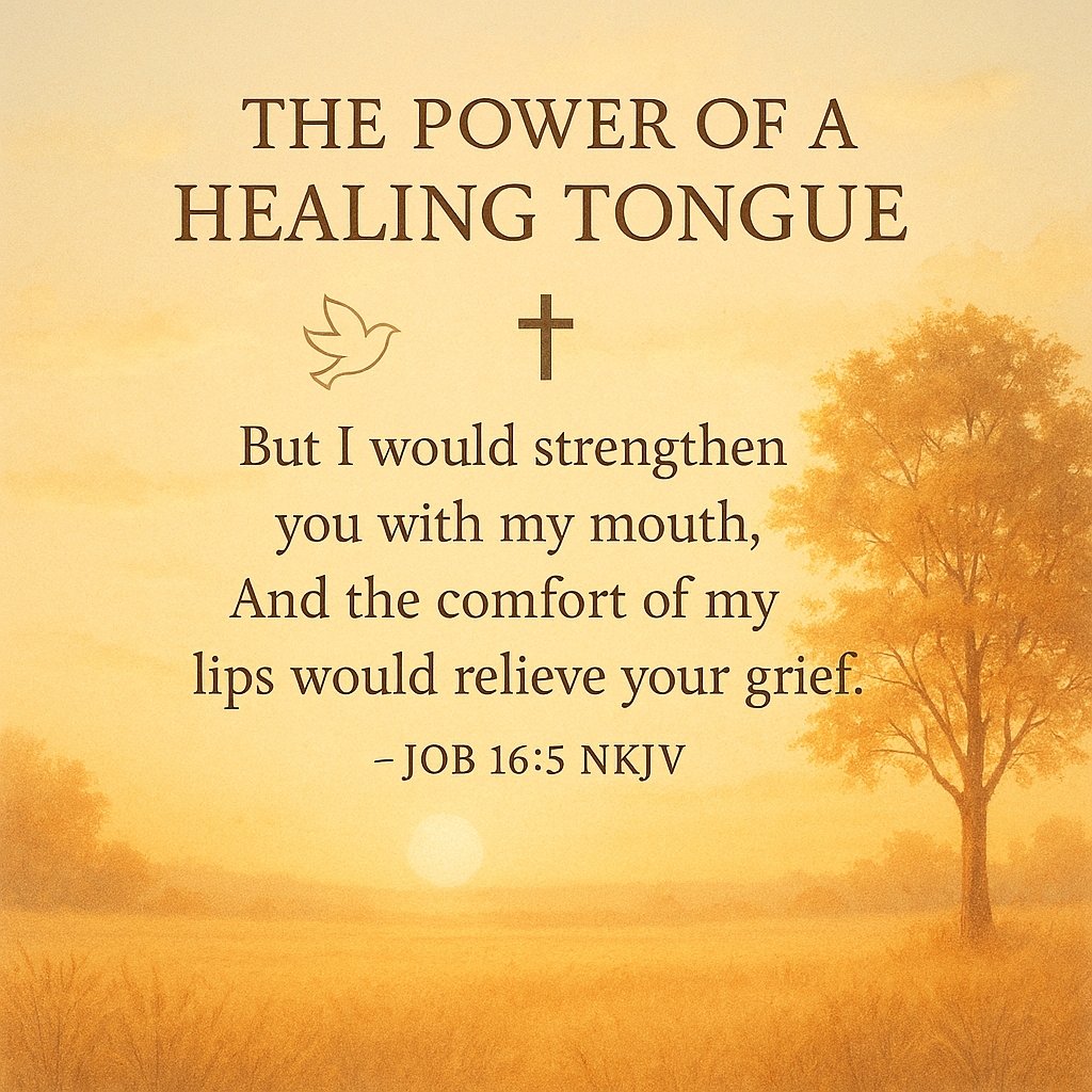 The Power of a Healing Tongue. Know this: Words matter. Therefore, speak life, build up and comfort others.
Let your tongue be a tool of healing, not harm.
🙏 Lord, help me use my words to lift others up. Amen.

#SpeakLife #Faith #Job16v5 #ChristianEncouragement #HealingWords