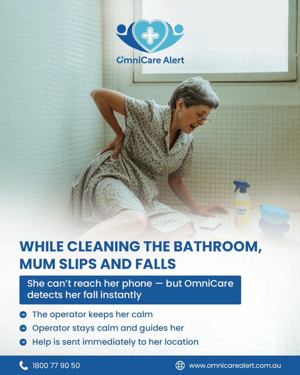 OmniCareAlert's tweet image. Mum just wanted to clean the bathroom. A simple task turned scary when she slipped and couldn’t reach her phone. Luckily, OmniCare detected her fall instantly and help was on the way within seconds.
#OmniCareAlert #ElderlyCare #FallDetection #CareTech #AgedCareSolutions