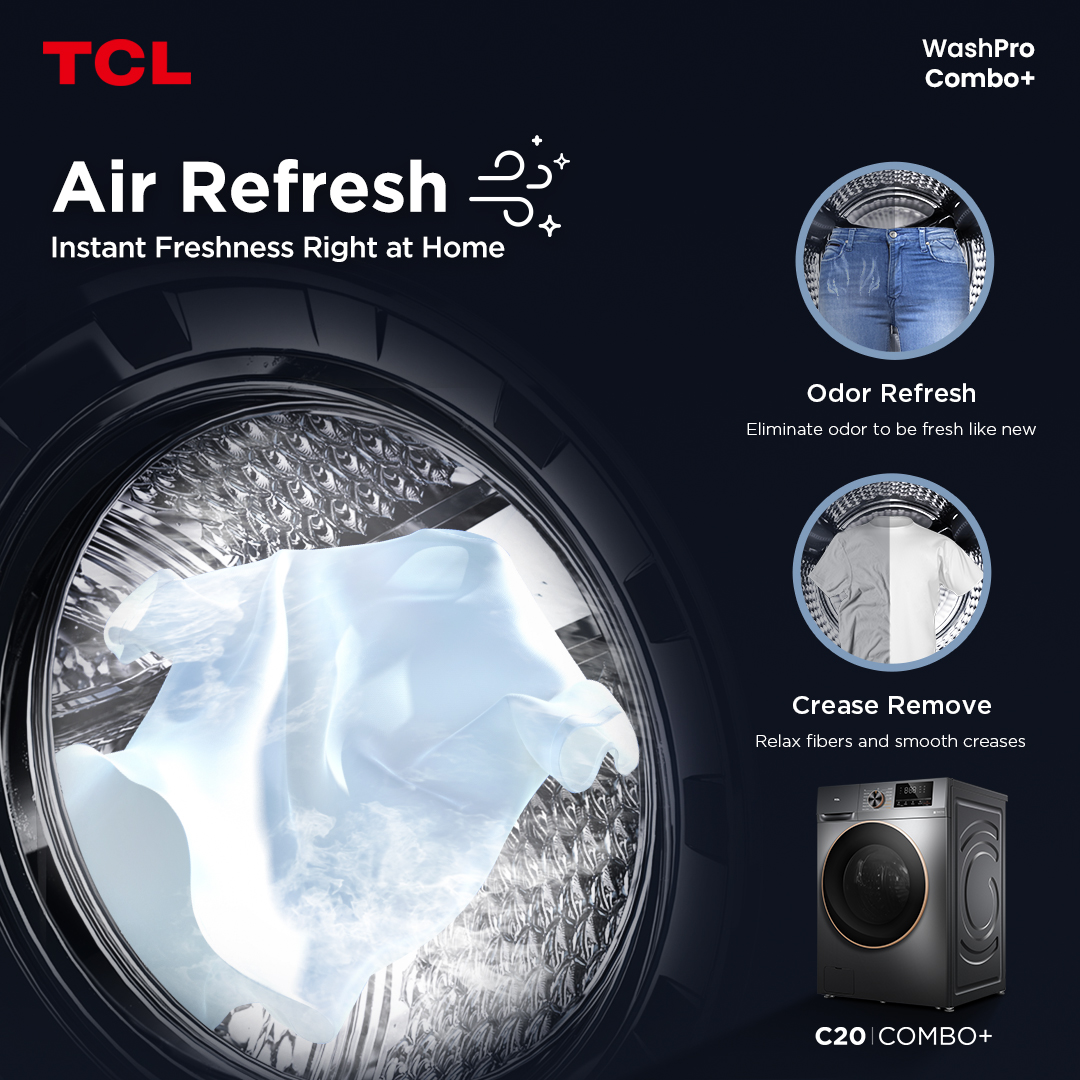 TCLPH's tweet image. With the Air Refresh feature of the TCL C20 Washing Machine, your clothes get deodorized and revitalized without using water or detergent. Perfect for quick touch-ups.

#TCLC20 #TCLWashPro #TCLComboPlus #TCLInspireGreatness #TCLPhilippines