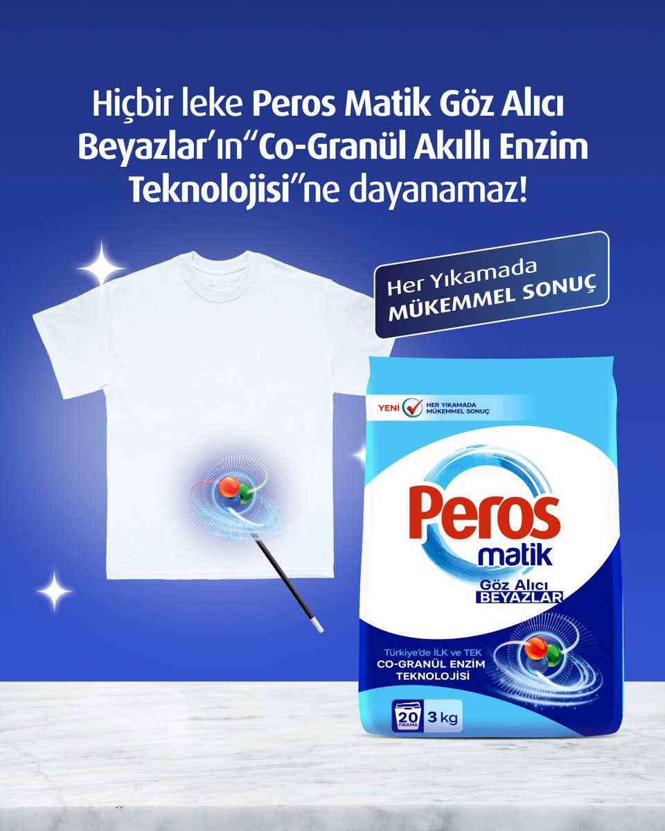 Bir dokunuşla lekeler yok olur. ✨
 Peros Matik Canlı Renkler, Co-Granül Akıllı Enzim Teknolojisi ile lekeleri çıkarır ve renklerinizi ilk zamanki gibi tutar. 💙
Sizin en inatçı lekeniz hangisiydi? 💬
#Peros #PerosMatik #RenkUzmanı