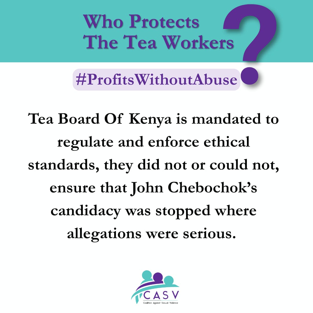 Brewing Justice in Kenya’s Tea Sector 
Protecting Kenya’s tea workers goes beyond increasing exports. It means upholding their dignity, rights, and justice. We urge the Tea Board of Kenya to enhance its oversight role and hold the sector accountable. #ProfitsWithoutAbuse